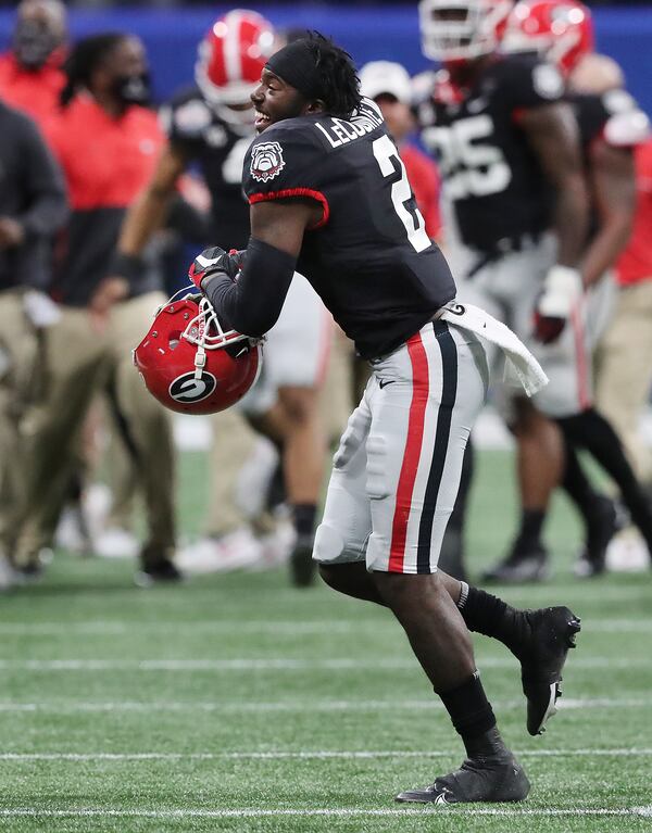 Georgia defensive back Richard LeCounte, playing in his final game, celebrates during a 24-21 victory over Cincinnati in the NCAA college football Peach Bowl game on Friday, Jan. 1, 2021, in Atlanta.   Curtis Compton / Curtis.Compton@ajc.com”