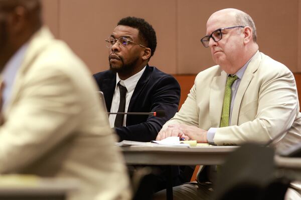 Deamonte Kendrick appears in court alongside defense attorney Doug Weinstein for a bond hearing on Friday, July 21, 2023.  Glanville denied bond to Kendrick. (Natrice Miller/ Natrice.miller@ajc.com)