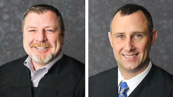 Clark County, Indiana, Circuit Judge Andrew Adams, left, and a colleague, Circuit Judge Bradley Jacobs are pictured. The men were shot early May 1, 2019, during a drunken brawl outside a downtown Indianapolis White Castle restaurant.