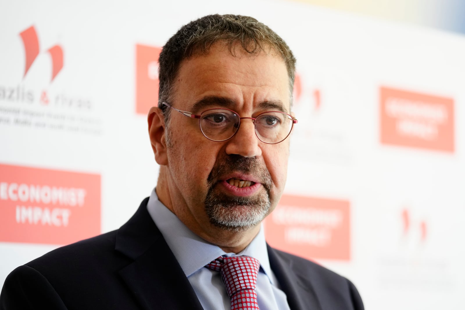 Economist Daron Acemoglu, 2024 Nobel prize winner in Economics, speaks to the media during a conference in Athens , Greece, Monday, Oct. 14, 2024. (AP Photo/Petros Giannakouris)