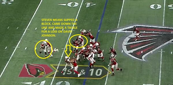 Defensive tackle Steven Means slipped a block and made a tackle for a loss one play before Deion Jones' big  interception. The Falcons are taking a good look at Means down the stretch.