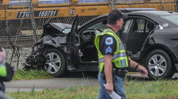 A Cobb County police patrol vehicle was damaged in a crash Thursday morning.