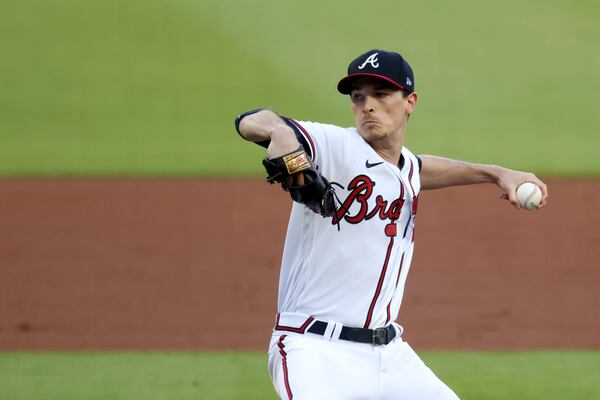 Braves starting pitcher Max Fried delivers to a Chicago Cubs batter during the first inning at Truist Park Tuesday, April 26, 2022, in Atlanta. (Jason Getz / Jason.Getz@ajc.com)