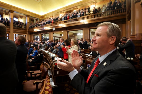 Sen. John Albers, R-Roswell, applauds during the state of the state address by Gov. Brian Kemp in the House of Representatives at the Georgia Capitol, Thursday, Jan. 16, 2025, in Atlanta. (Jason Getz / AJC)