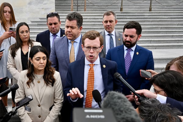 U.S. Rep. Dusty Johnson, R-S.D., flanked by fellow House Republicans, criticizes the attempt to oust the House speaker by U.S. Rep. Marjorie Taylor Greene, R-Ga.