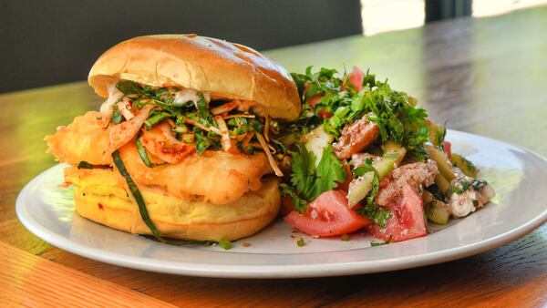 Tempura Filet o' Fish, Zippy Bok Choy-Aleppo Slaw and Fattoush Salad. CONTRIBUTED BY CHRIS HUNT PHOTOGRAPHY