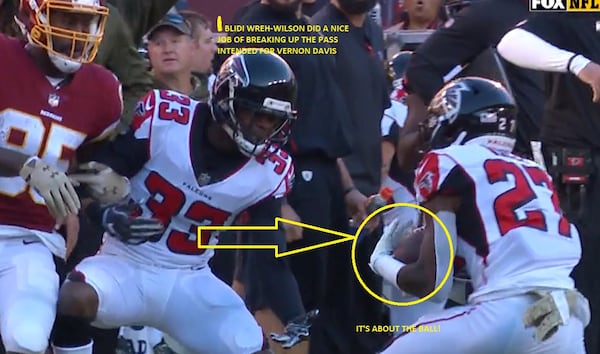 Falcons cornerback Blidi Wreh-Wilson’s pass break up led to free safety Damontae Kazee's key interception.