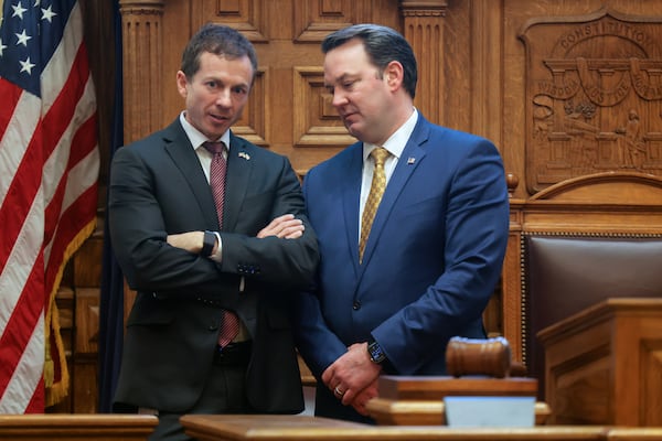 Lt. Gov. Burt Jones, right, shown talking to Sen. Greg Dolezal of Cumming, supports the Buckhead cityhood effort and worked behind the scenes to drum up support for it. (Natrice Miller/ Natrice.miller@ajc.com)