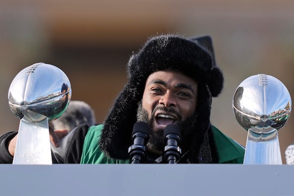 FILE - Philadelphia Eagles defensive end Brandon Graham speaks during the team's NFL football Super Bowl 59 parade and celebration, Friday, Feb. 14, 2025, in Philadelphia. (AP Photo/Matt Rourke, File)