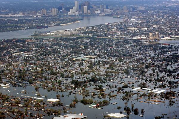 Floodwaters from Hurricane Katrina cover a portion of New Orleans on Aug. 30, 2005. Harvey's rains threaten similarly epic floods in Texas.