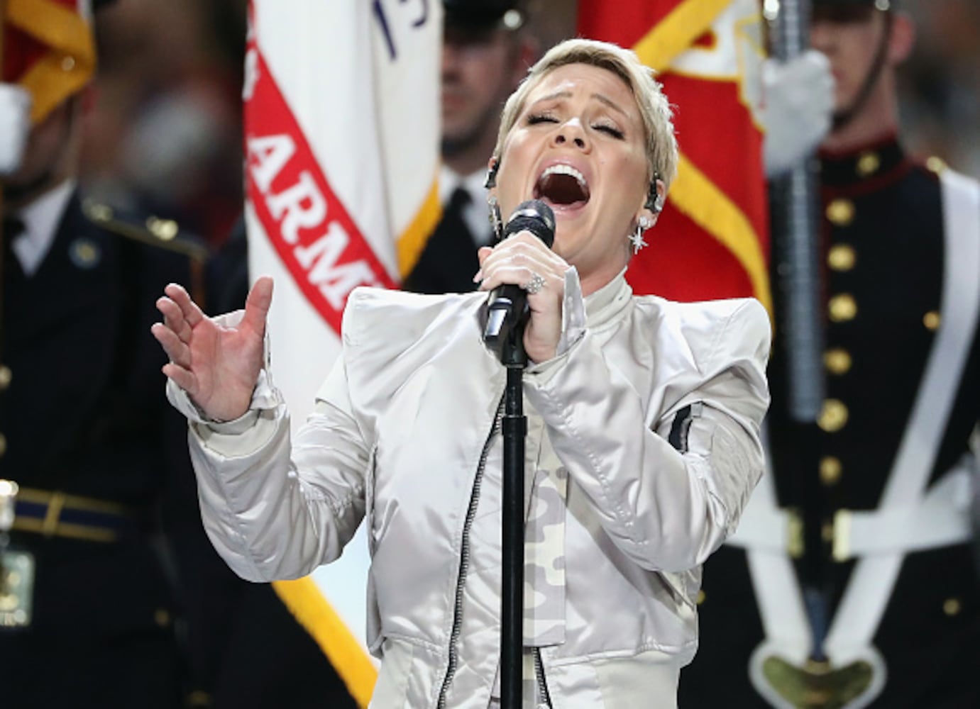 Photos: Pink performs the national anthem at Super Bowl LII