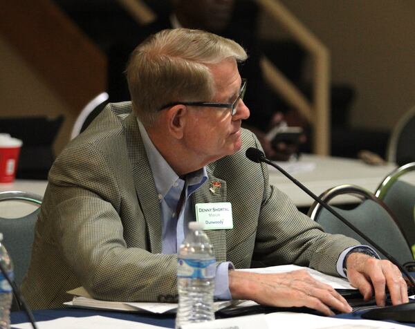 Dunwoody Mayor Denis Shortal participates in the discussion with DeKalb County CEO Mike Thurmond, other mayors, county commissioners and city officials over DeKalb’s proposed sales tax increase on Thursday. (Akili-Casundria Ramsess/Special to the AJC)