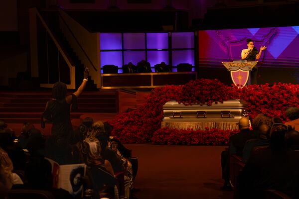 Keke Wyatt performs at the memorial service for singer and actress Angie Stone, Friday, March 14, 2025, in Austell. Ga. (AP Photo/Olivia Bowdoin)