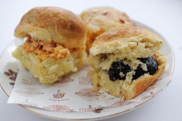 A shortcake biscuit filled with blackberry jam from the Blackberry Patch in Thomasville, GA and a buttermilk biscuit filled with Callie's pimento cheese.(BECKYSTEIN.COM)