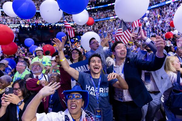 Supporters cheer Vice President Kamala Harris at Democratic National Convention in Chicago.