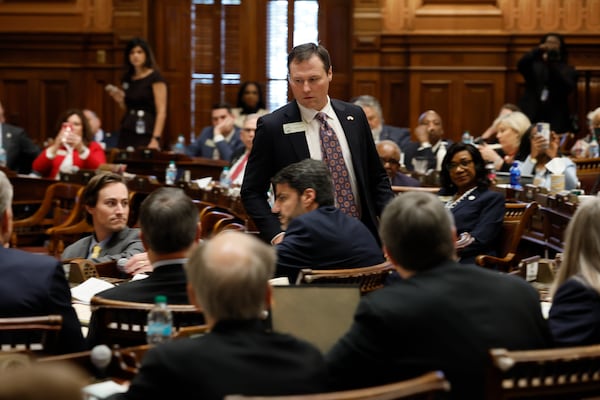 State Rep. James Burchett, R-Waycross, sponsor of SB68, that aims to limit when people can sue businesses for some injuries and ban outside interests from funding the lawsuits, speaks before a vote on Thursday, March 20, 2025 in Atlanta. (Miguel Martinez /Atlanta Journal-Constitution via AP)