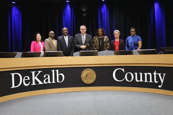 Members of the DeKalb County Board of Commissioners posed for a group photo after a meeting on Jan. 15, 2019. (L to R) Nancy Jester, Larry Johnson, Steve Bradshaw, presiding officer Jeff Rader, Mereda Davis Johnson, Kathie Gannon, and Lorraine Cochran-Johnson. Photo by the DeKalb County government.