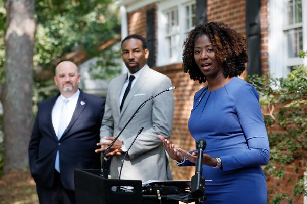 Ashani O'Mard, senior vice president of the Atlanta Neighborhood Development Partnership, during a press conference with Atlanta Mayor Andre Dickens on September 12, 2022. O'Mard recently became vice chair of the Atlanta Urban Development Corporation. Miguel Martinez / miguel.martinezjimenez@ajc.com