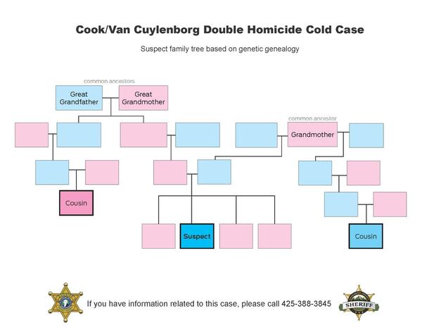 Pictured is the reverse genealogy family tree that led Washington state investigators to William Earl Talbott II, 55, as a potential suspect in the 1987 double slaying of Jay Cook, 20, and Tanya Van Cuylenborg, 18, both of British Columbia.