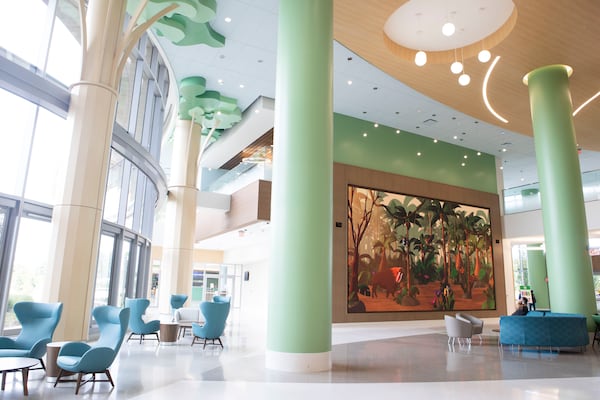 The lobby featuring an interactive play screen at the new Arthur M. Blank Pediatric Hospital in Atlanta on Tuesday, August 6, 2024.  CHRISTINA MATACOTTA FOR THE ATLANTA JOURNAL-CONSTITUTION