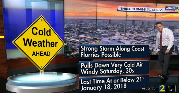 Channel 2 Action News meteorologist Brian Monahan said Saturday could be the coldest day since Jan. 18, 2018, when Atlanta recorded a low of 21 degrees. (Credit: Channel 2 Action News)