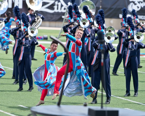 Kasey Nguyen, left, and Jacob Wessels, perform “3D” with the Hendrickson High School band. The Bands of America Austin Regional was held at Kelly Reeves Athletic Complex on Sept. 24. Henry Huey for Round Rock Leader.