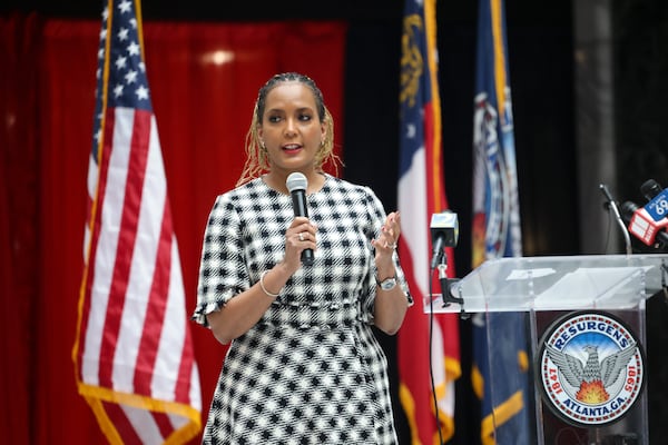 Former Atlanta Mayor Keisha Lance Bottoms speaks during the celebration commemorating the 50th anniversary of the inauguration of Mayor Maynard Jackson at the Atlanta City Hall Atrium, Monday, Jan. 8, 2024, in Atlanta. (Jason Getz / Jason.Getz@ajc.com)