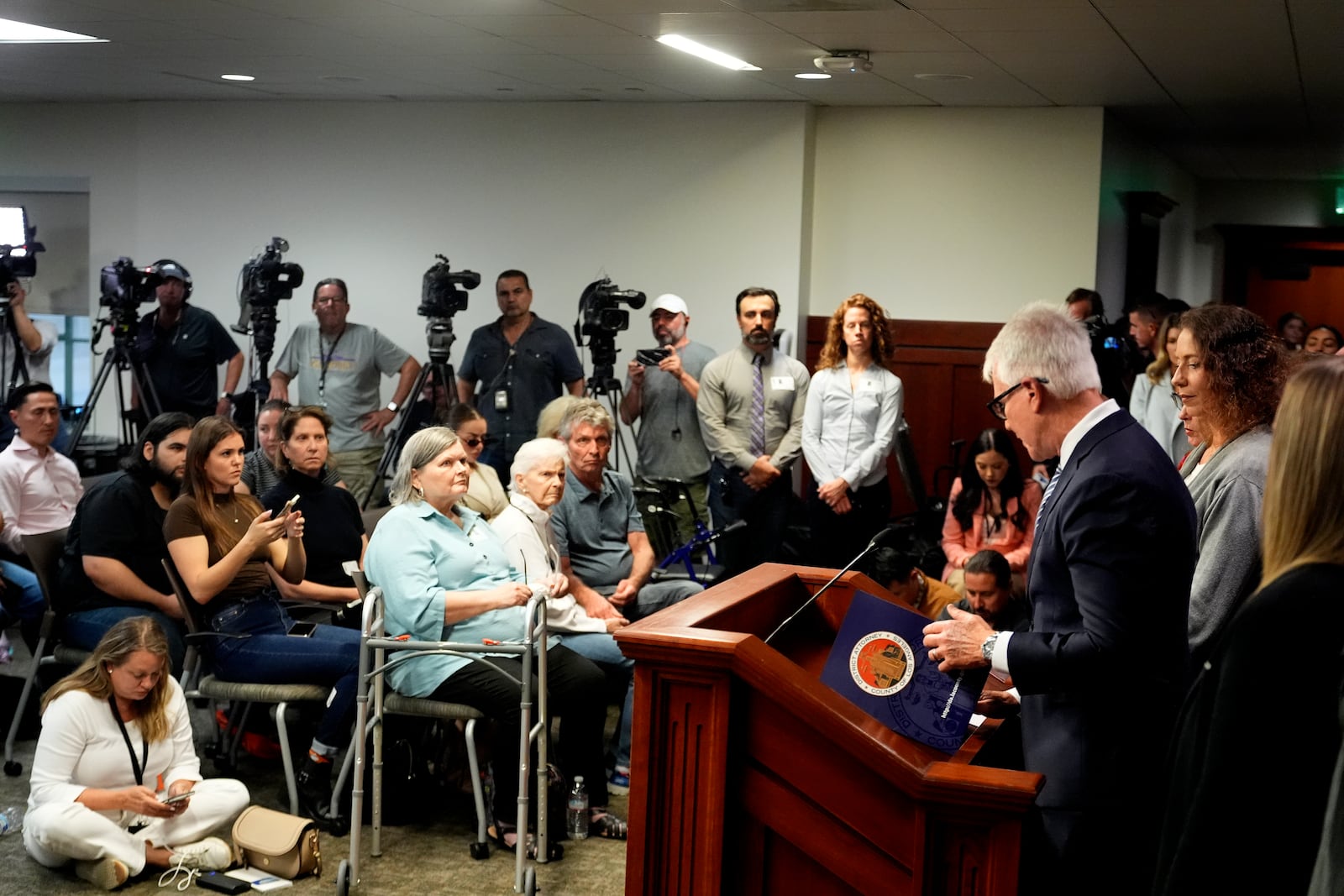 Los Angeles County District Attorney George Gascon, talks during a news conference at the Hall of Justice on Thursday, Oct. 24, 2024, in Los Angeles. (AP Photo/Damian Dovarganes)