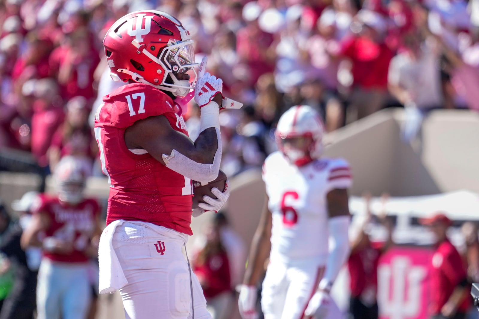 Indiana running back Ty Son Lawton (17) reacts after scoring a touchdown against Nebraska during the first half of an NCAA college football game in Bloomington, Ind., Saturday, Oct. 19, 2024. (AP Photo/AJ Mast)