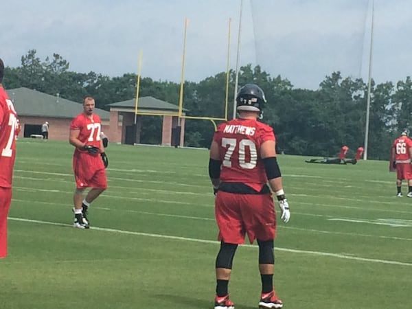 Falcons left tackle Jake Matthews returned to practice on Tuesday. He was recovering from offseason foot surgery. (D. Orlando Ledbetter/DLedbetter@ajc.com)