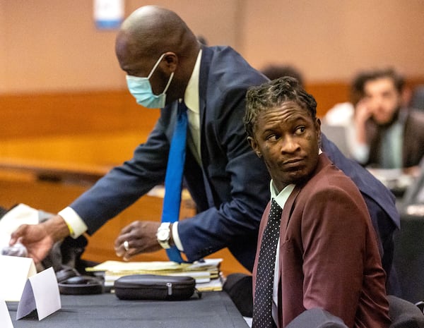 Rapper Young Thug, whose real name is Jeffery Williams, waits for the jury selection portion of the trial to continue in a Fulton County courtroom on Tuesday, Jan. 24, 2023, in Atlanta, Georgia. (Steve Schaefer/The Atlanta Journal-Constitution/TNS)