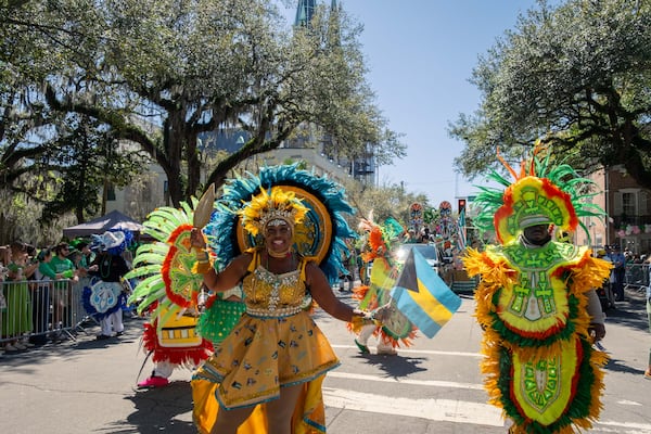 The Crab Shack Junkanoo’s perform during the 201st Savannah St. Patrick’s Day Parade on March 17, 2025 in Savannah, GA. (Justin Taylor for the Atlanta Journal-Constitution)