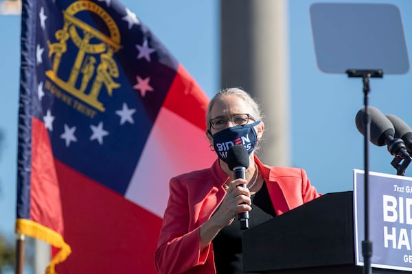 11/02/2020 —  Atlanta, Georgia — Carolyn Bourdeaux, Democratic candidate for Georgia's 7th Congressional District, speaks during a Biden-Harris rally in Atlanta’s Summerhill community ,Monday, November 2, 2020. (Alyssa Pointer / Alyssa.Pointer@ajc.com)