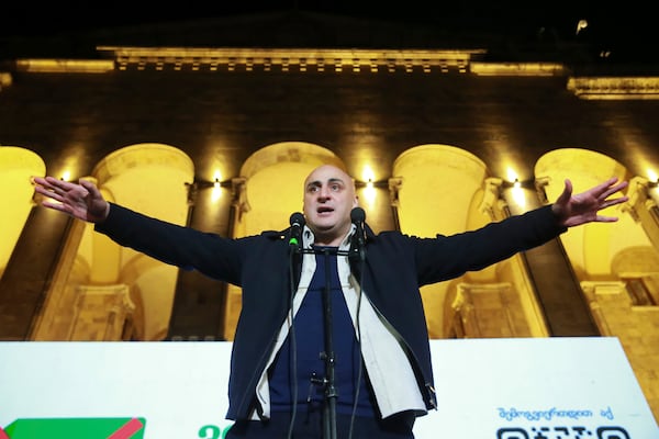 Leader of Georgia Coalition for change Nika Melia speaks to the crowd during a rally against alleged violations in a recent parliamentary election in Tbilisi, Georgia, on Monday, Nov. 4, 2024. (AP Photo/Zurab Tsertsvadze)