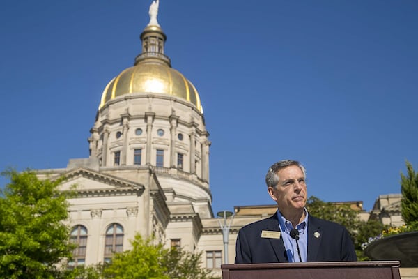 Georgia Secretary of State Brad Raffensperger speaks during a press conference at Liberty Plaza, across the street from the Georgia State Capitol building, in downtown Atlanta, Monday, April 6, 2020. Raffensperger announced the creation of an “absentee ballot task force” that will investigate reports of fraud as Georgia expands mail-in voting for the May 19 primary election. (ALYSSA POINTER / ALYSSA.POINTER@AJC.COM)