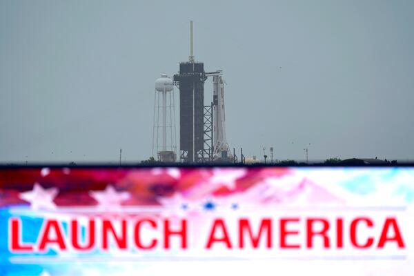 The SpaceX Falcon 9, with the Crew Dragon spacecraft on top of the rocket, sits on Launch Pad 39-A on Monday.