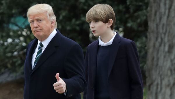 WASHINGTON, DC - MARCH 17:  U.S. President Donald Trump and his son Barron Trump depart the White House March 17, 2017 in Washington, DC.  (Photo by Chip Somodevilla/Getty Images)