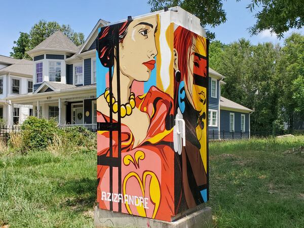 A mural by Aziza Andre adorns a utility box in Candler Park. (Photo by streetartmap.org)