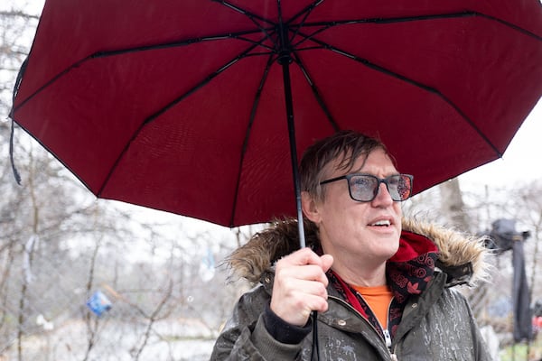 Activist Tim Franzen at the site of the Old Wheat Street encampment in Atlanta on Wednesday, Feb. 12, 2025, near where Cornelius Taylor died as the city tried to clear the encampment.  Ben Gray for the Atlanta Journal-Constitution