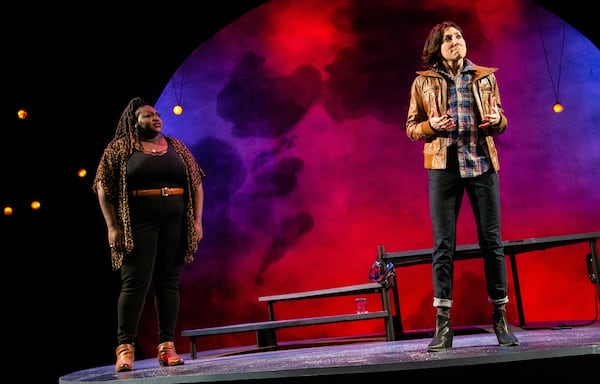 The glowing performances of co-stars Candy McLellan (left) and Park Krausen illuminated "Bright Half Life," a fantastical romance directed by Melissa Foulger for Theatrical Outfit.
(Courtesy of Theatrical Outfit/Casey Ford Photography)