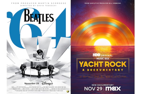 This combination of images shows promotional art for music documentaries "Beatles '64," left, and "Music Box: Yacht Rock: A Dockumentary." (Disney via AP, left, and Max via AP)