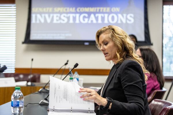 Defense attorney Ashleigh Merchant testifies before the Senate Special Committee on Investigation at the Georgia State Capitol on Wednesday, March 6, 2024. (Steve Schaefer/steve.schaefer@ajc.com)