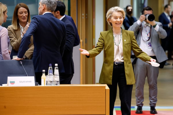 European Commission President Ursula von der Leyen, center, arrives for a round table meeting at an EU summit in Brussels, Thursday, March 20, 2025. (AP Photo/Omar Havana)