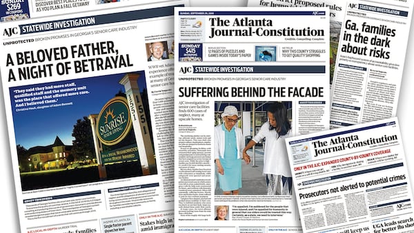 Front page images of The Atlanta Journal-Constitution’s series, ‘Unprotected: broken promises in Georgia’s senior care industry.’