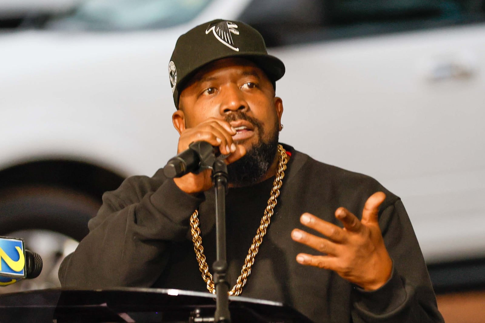 Former Dungeon Family and Outkast member Big Boi speaks during the life and legacy celebrations of Rico Wade in Esat Point on Thursday, November 7, 2024. 
(Miguel Martinez / AJC)