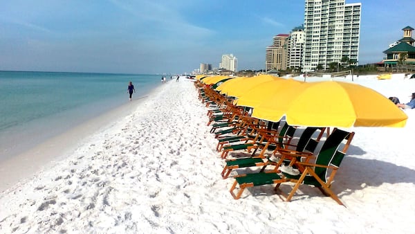 The beach in front of the Hilton Sandestin Beach Golf Resort and Spa in Sandestin, a 2,400-acre resort in South Walton in the Florida Panhandle.