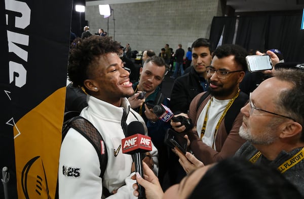 Ohio State safety Caleb Downs takes to reporters in Atlanta.