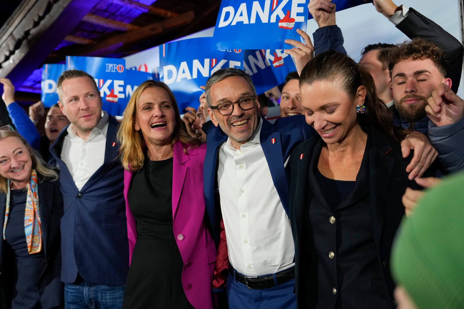 Herbert Kickl, leader of the Freedom Party of Austria celebrates with supporters, in Vienna, Austria, Sunday, Sept. 29, 2024, after polls closed in the country's national election. (AP Photo/Andreea Alexandru)