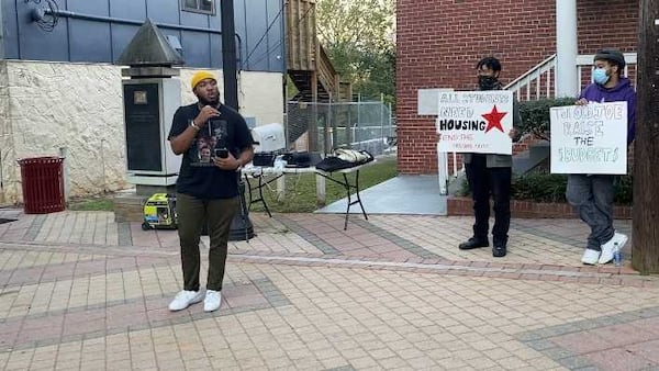 Marcellus Kirkland, shown during an Oct. 18, 2021 protest for better student housing conditions at historically Black colleges and universities, said the schools stress the importance of self-care, but don’t aggressively promote their own counseling services. Kirkland graduated in May from Morehouse College. (Eric Stirgus/eric.stirgus@ajc.com).