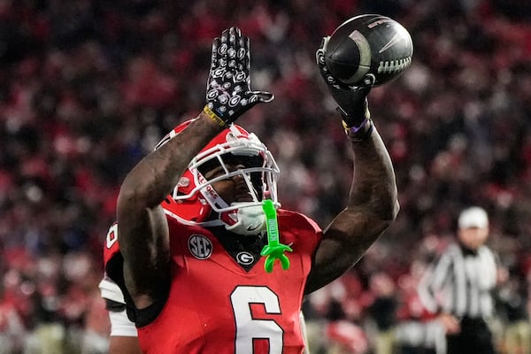 Georgia wide receiver Dominic Lovett (6) during the second half of an NCAA college football game, Saturday, Nov. 30, 2024, in Athens, Ga. Georgia won in eight overtime periods. (AP Photo/Mike Stewart)